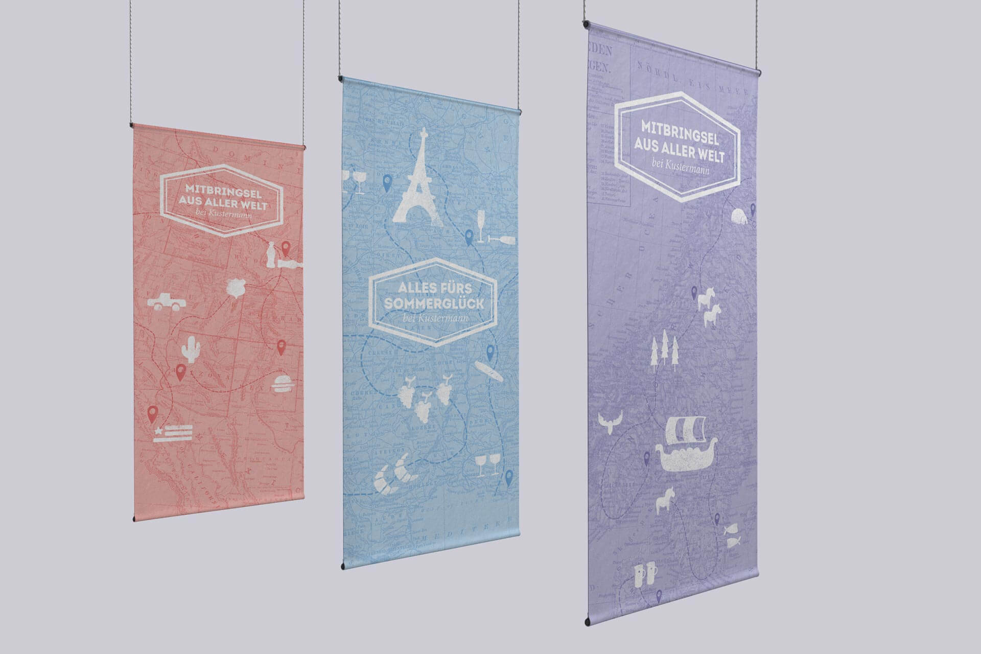 Mockup of three Banner with Illustrated maps form different countries for Kustermann Store Decoration
